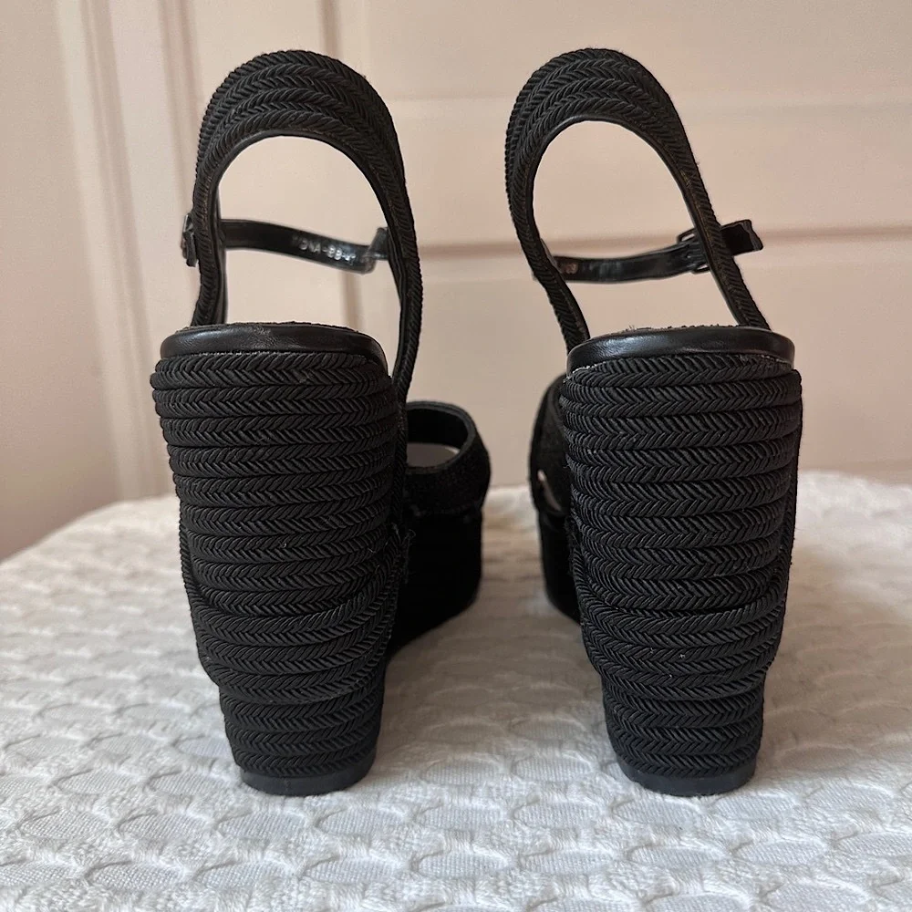 Woven Platform Wedge Sandals - Black